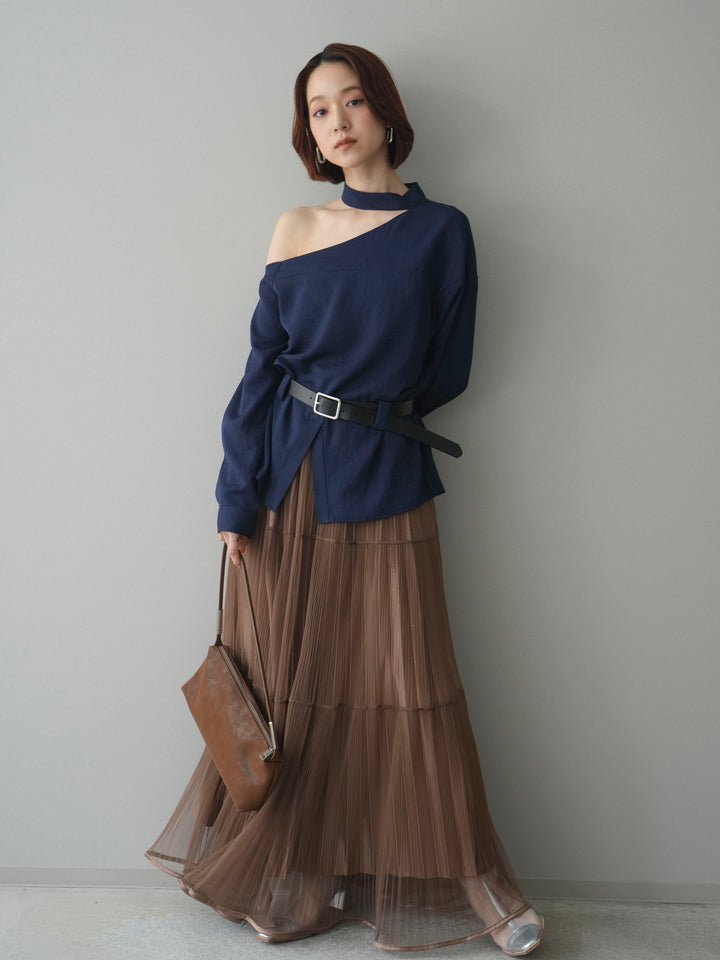 [SET]ベルト付ワンショルダースリットブラウス+ラメプリーツレイヤードチュールロングスカート(2set)