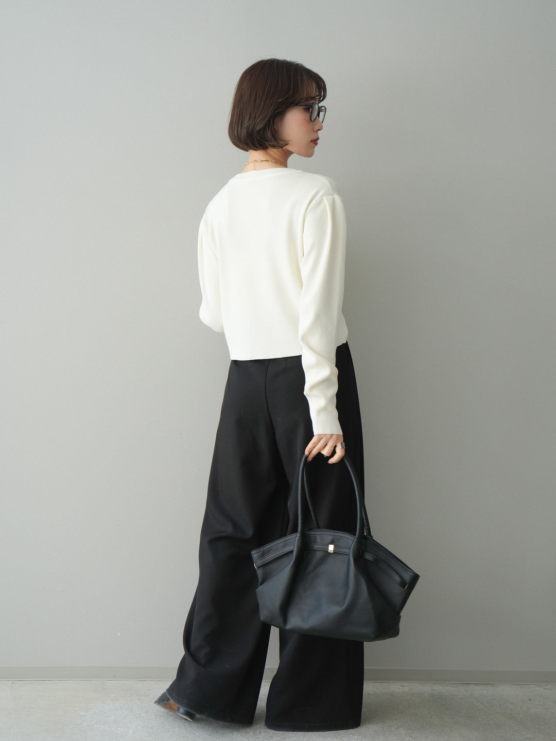 [SET]クリアボタンタックニットカーディガン+ベルトループデザインワイドパンツ(2set)