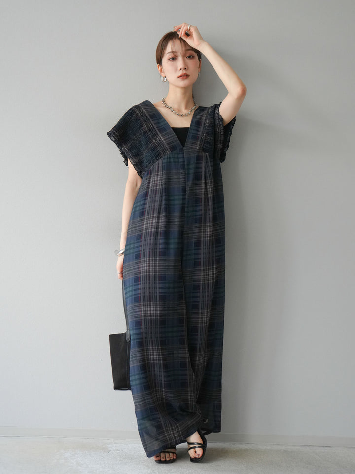 【預購】透視格紋褶皺工裝褲/海軍藍