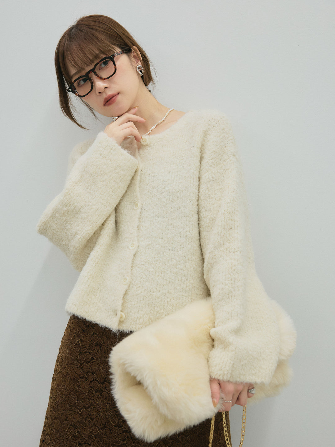 【Allure】[SET]ブークレニットカーディガン+起毛レースストレッチナロースカート(2set)