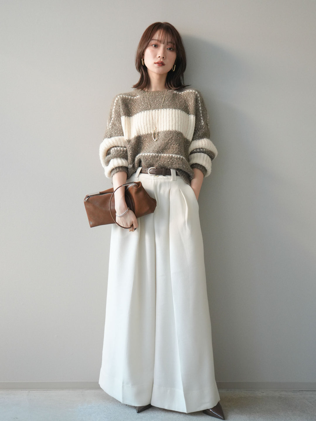 [SET]ネップヤーンボーダーニットプルオーバー+ウールタッチベルト付ワイドパンツ(2set)