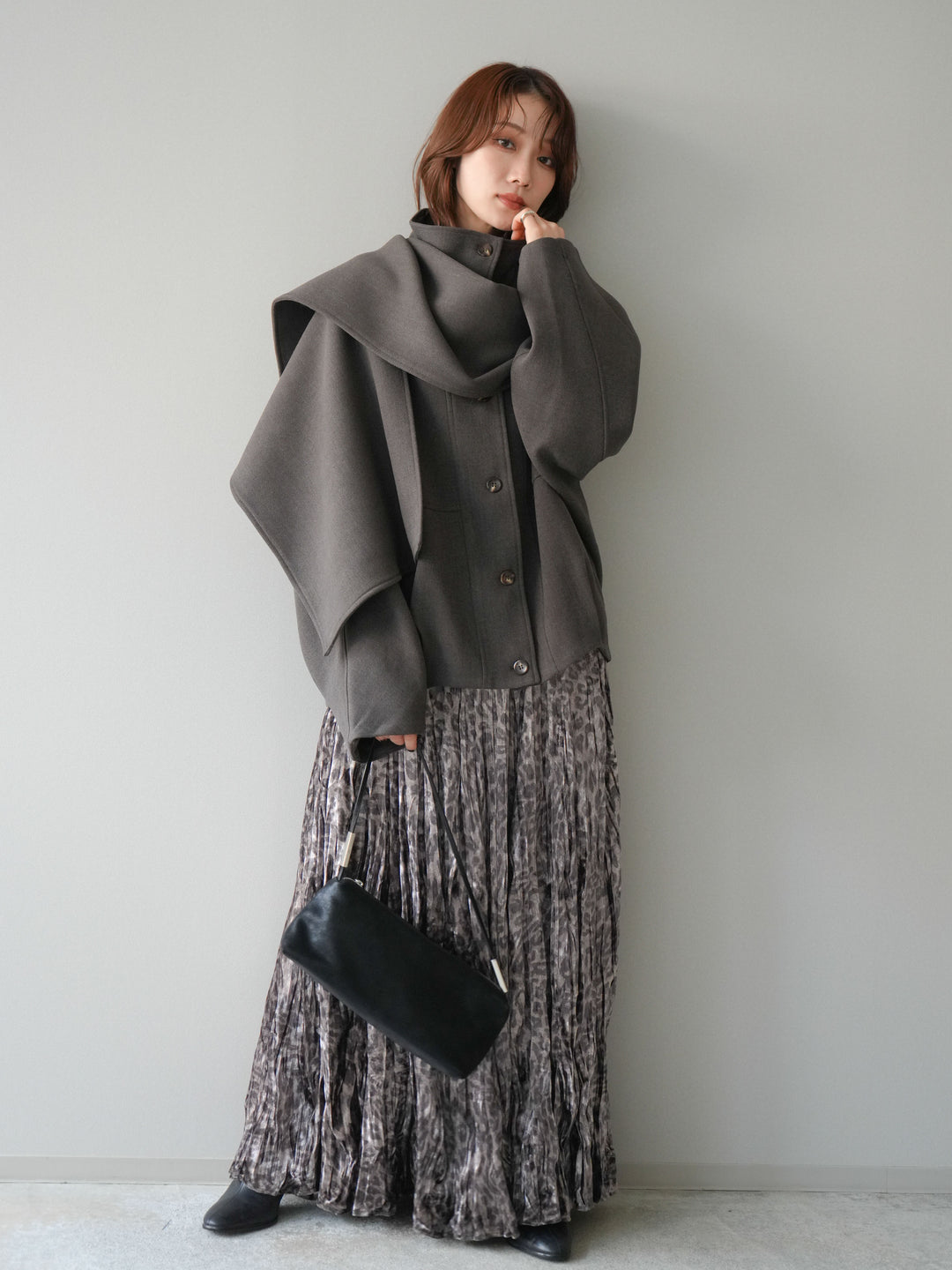 [予約]レオパードベロアワッシャーロングスカート/gray