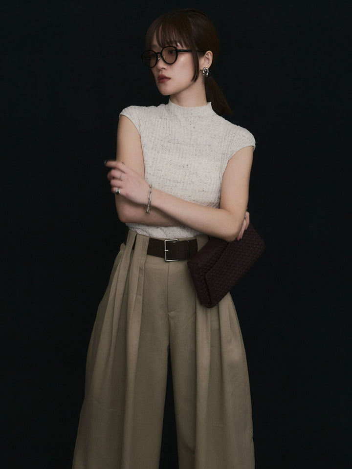 【Allure】[SET]ミックスヤーンデザインリブフレンチスリーブニット+ベルト付ダブルループワイドパンツ(2set)