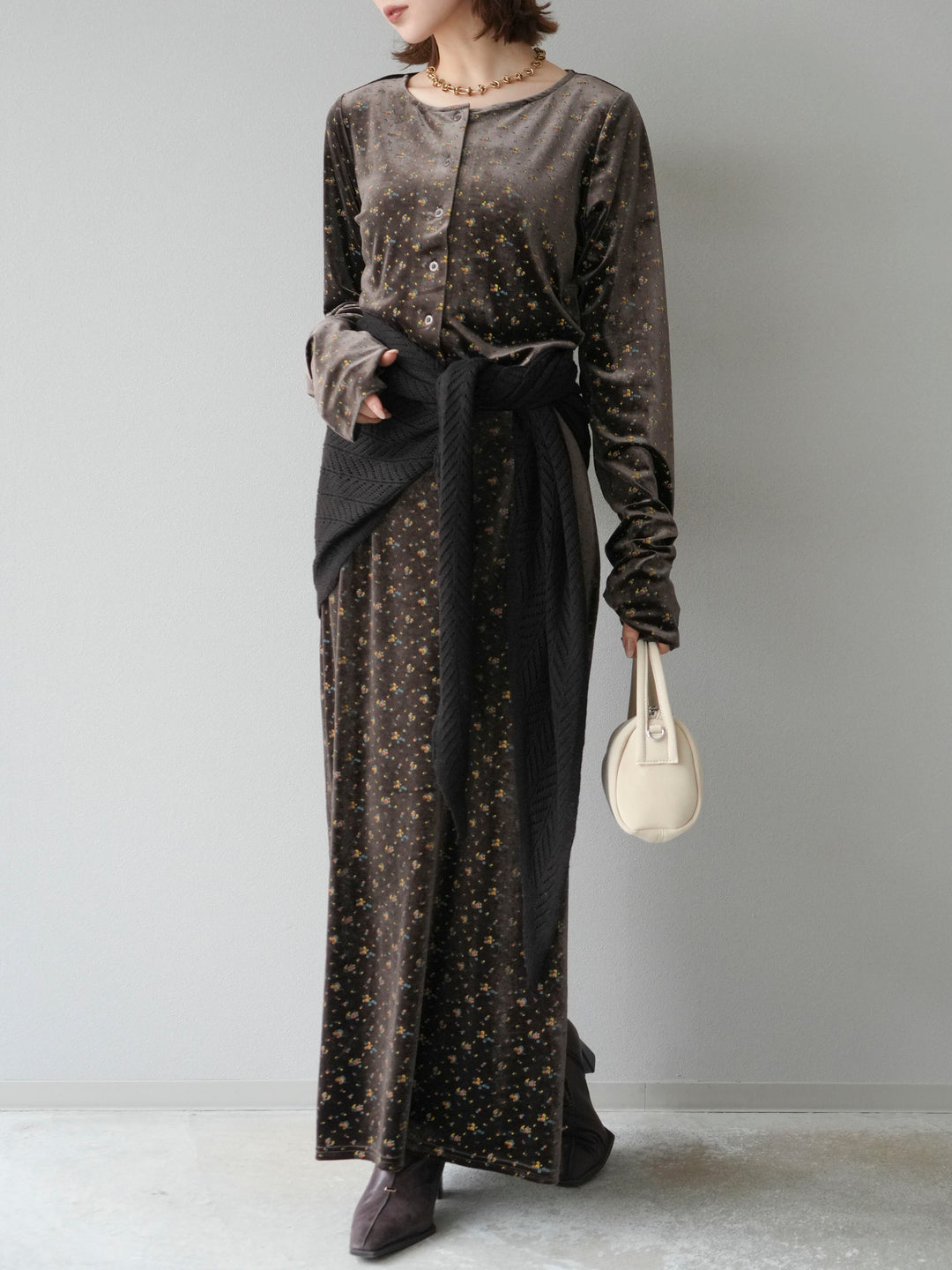 [予約]ベロアフラワープリントIラインスカート/ブラウンxイエロー