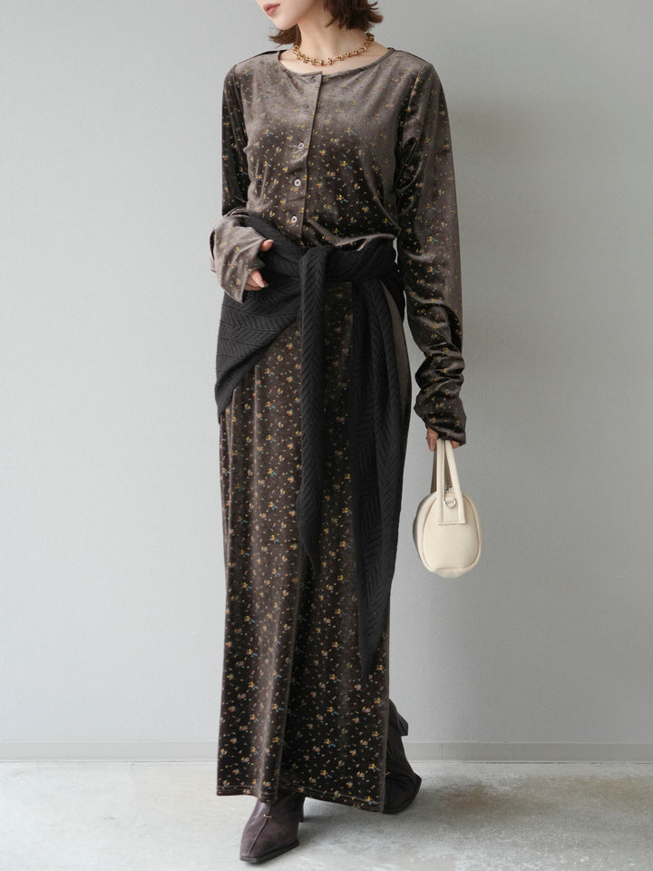 [予約]ベロアフラワープリントIラインスカート/ブラウンxイエロー