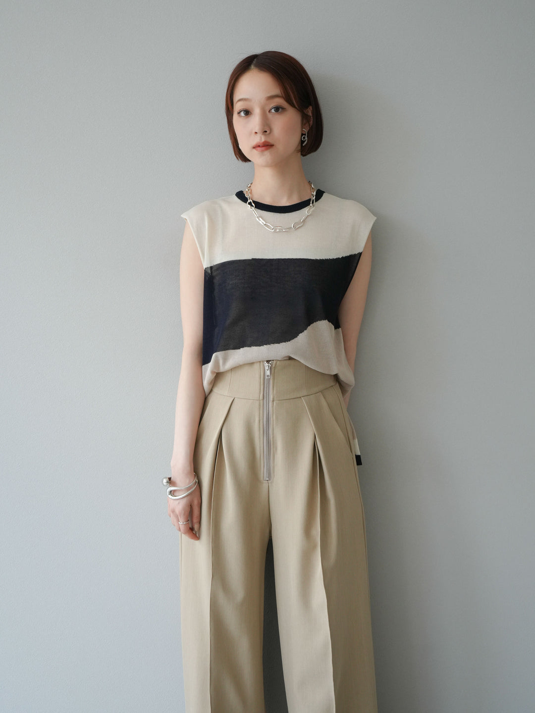 [SET]バイカラーシアーニットノースリーブ+ジップタックワイドパンツ(2set)