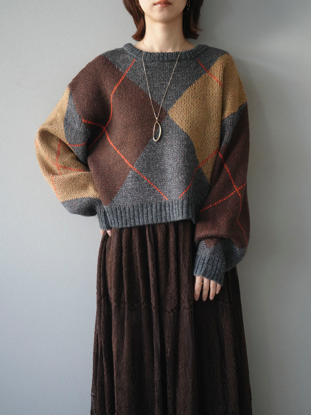 [SET]配色ステッチアーガイル柄ニットプルオーバー+ヴィンテージライクメッシュレーススカート(2set)