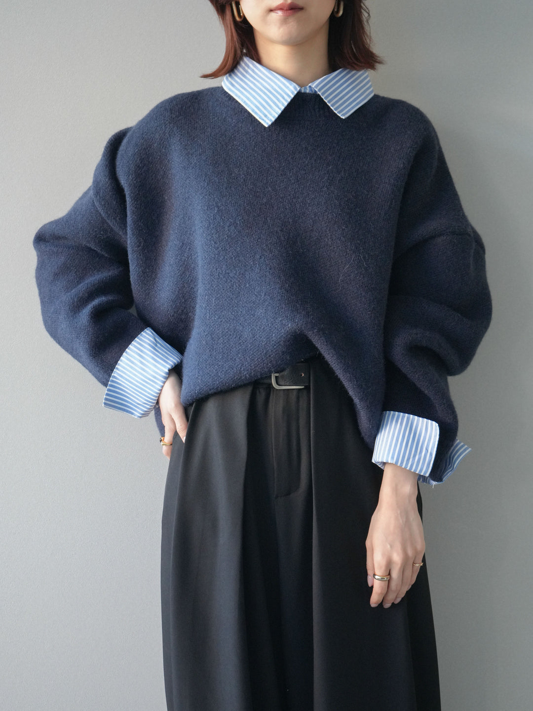 [SET]2WAYストライプ襟ニットプルオーバー+ベルトループデザインワイドパンツ(2set)