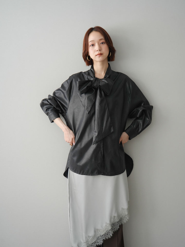 [SET]フェイクレザーボウタイブラウス+サテンライクアシメレーススカート(2set)