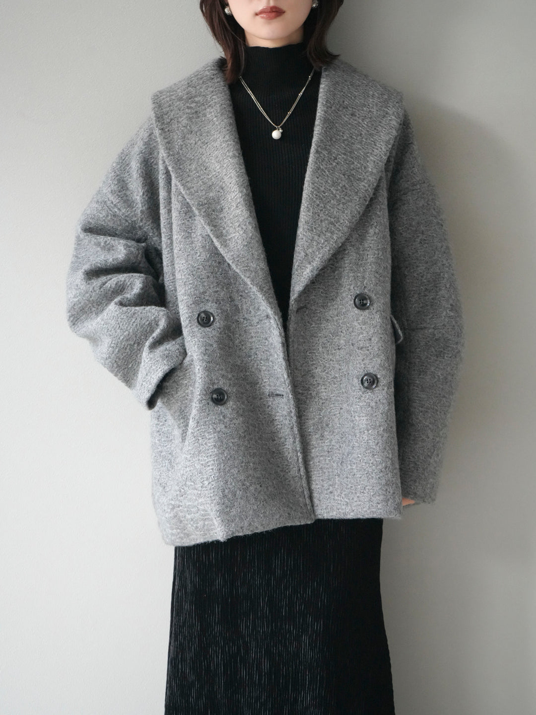 [予約]ロービング襟付きミドルコクーンコート/charcoal