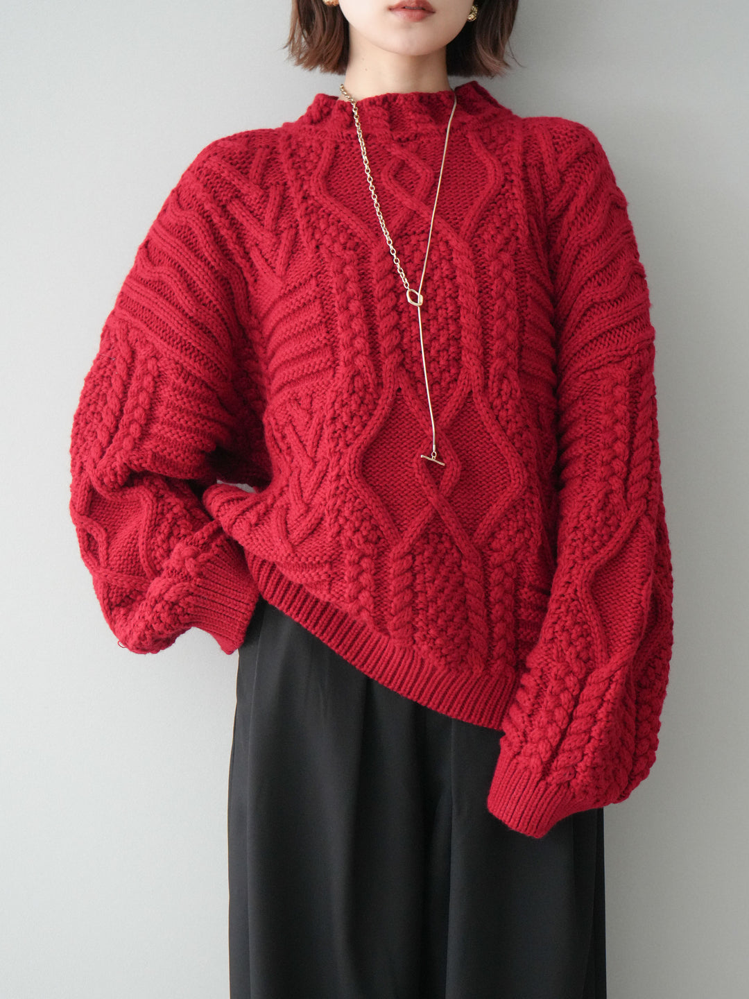 [SET]ケーブル編みモックネックニットプルオーバー+選べるアクセセット(2set)