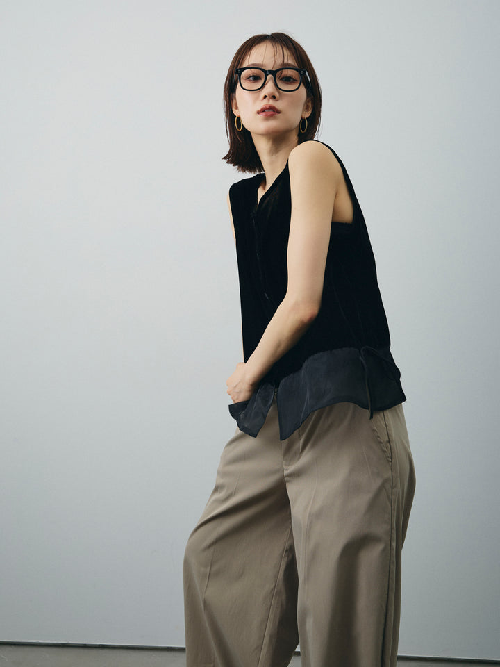 [予約]裾チュールベロアノースリーブプルオーバー/ブラック