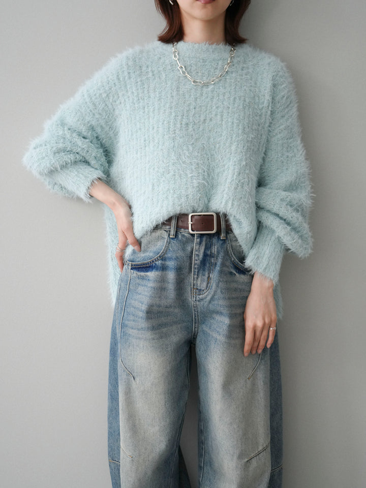 [SET]ボリュームスリーブシャギー MIXニットプルオーバー+ベルト付カーブデニムパンツ(2set)