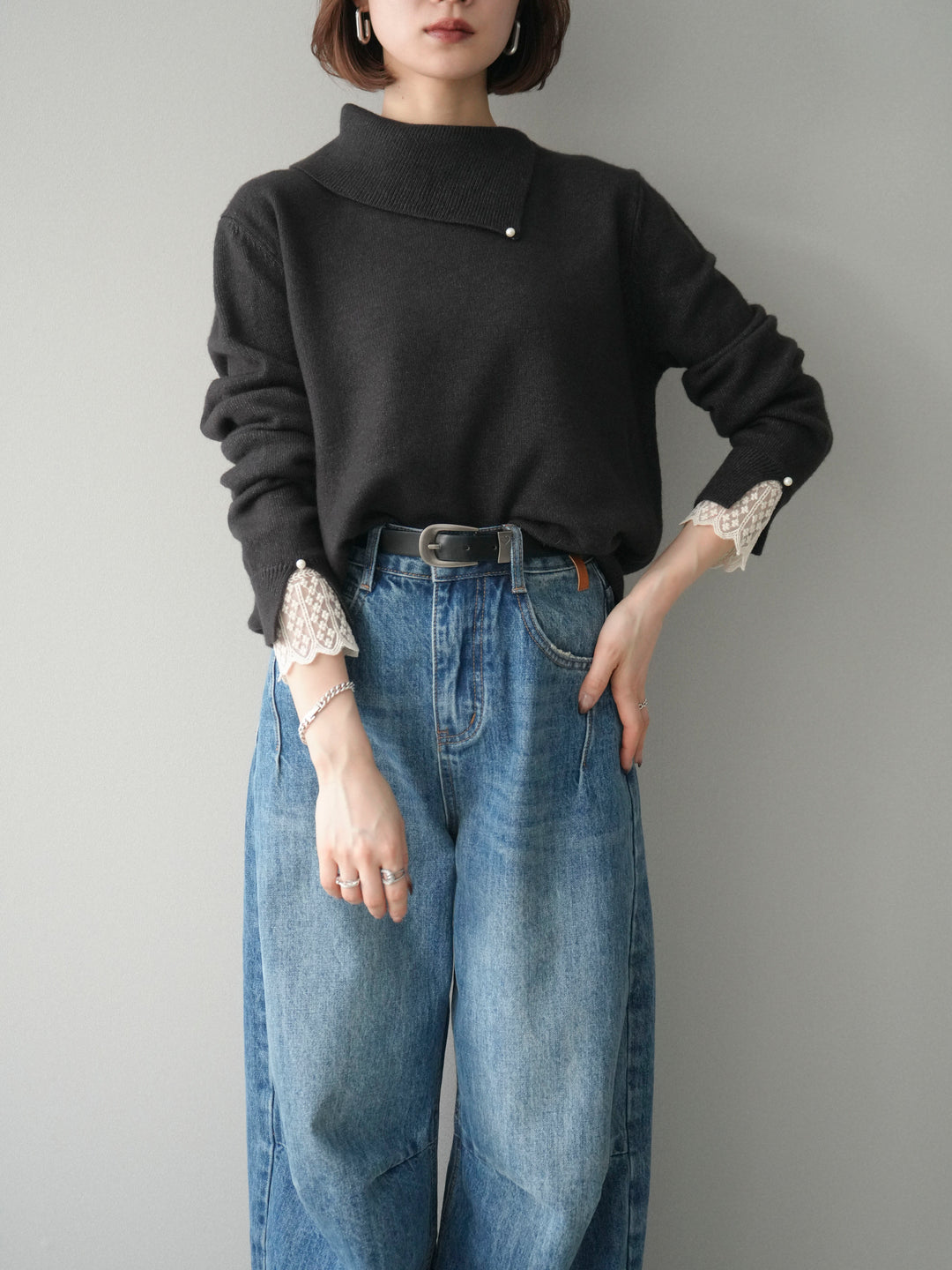[予約]袖レースパール付き配色ニットトップス/darkbrown