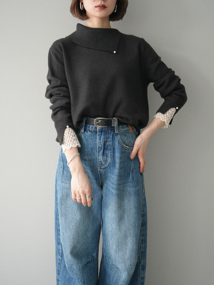 [予約]袖レースパール付き配色ニットトップス/darkbrown