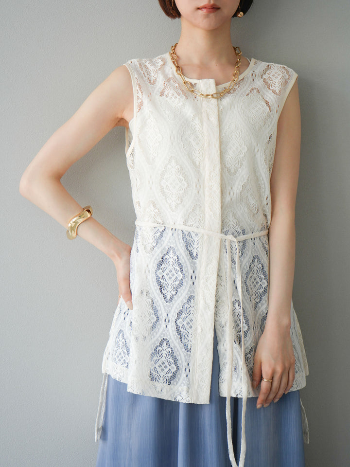 [SET] 緞面滾邊蕾絲無袖上衣 + nuance 透視喇叭裙 (2 套)