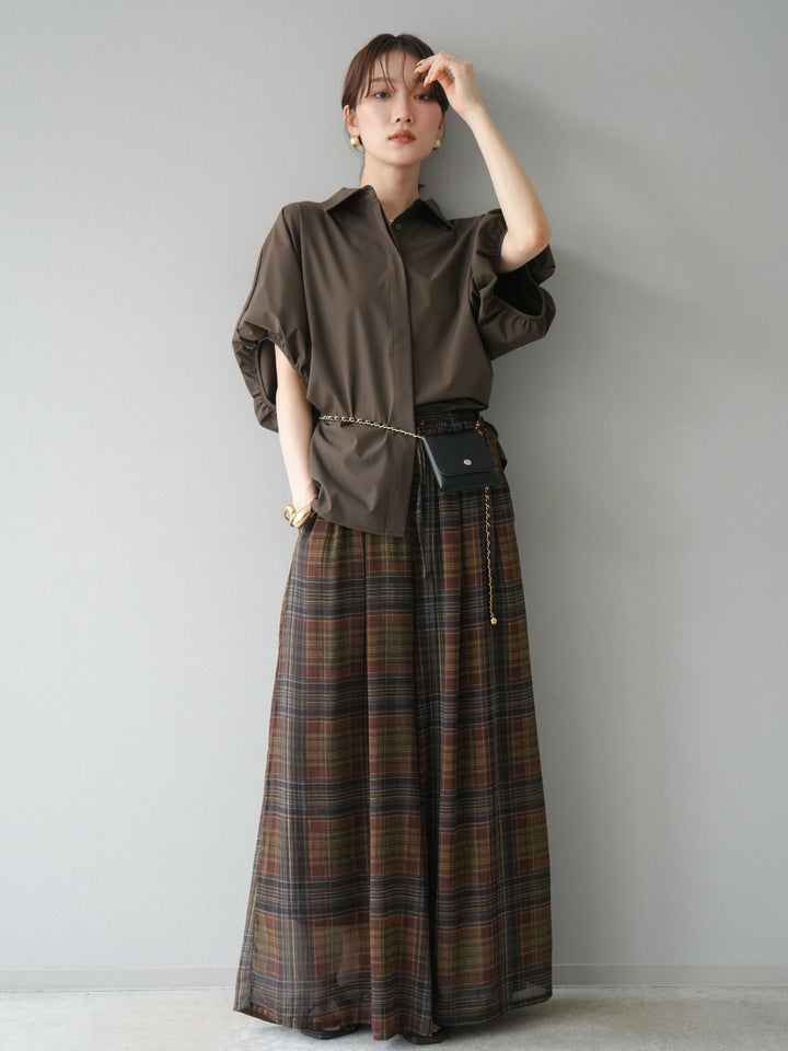 [預購] 透視格紋寬鬆褲/棕色