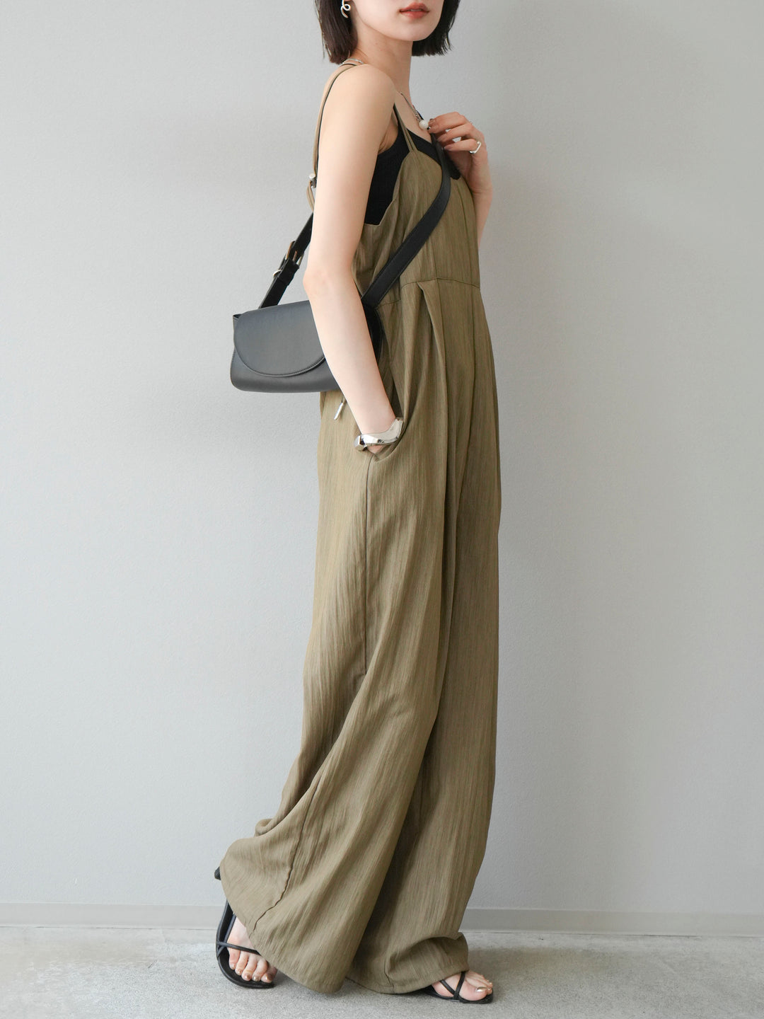 [SET]リネンライクビスチェデザインサロペット+ダブルストラップカットリブブラキャミソール(2set)