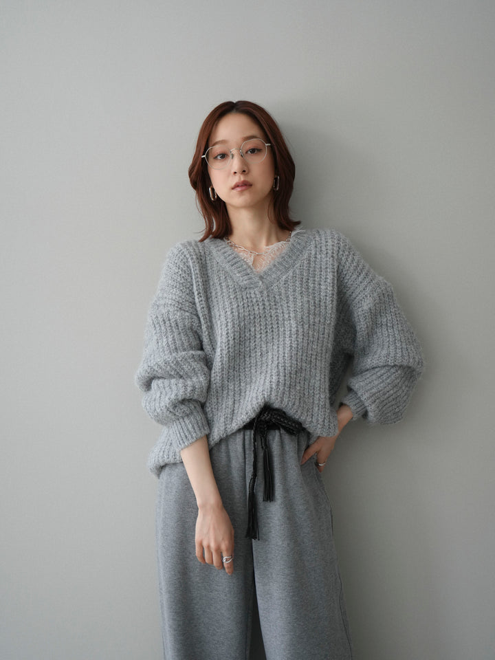 [SET]Vネックレースニットプルオーバー+編み込みベルト付きウエスト配色スエットパンツ(2set)