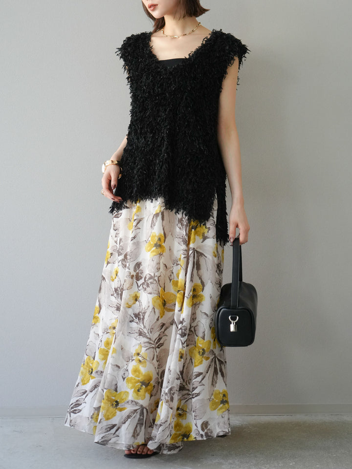 [予約]フラワープリントボリュームフレアスカート/イエロー