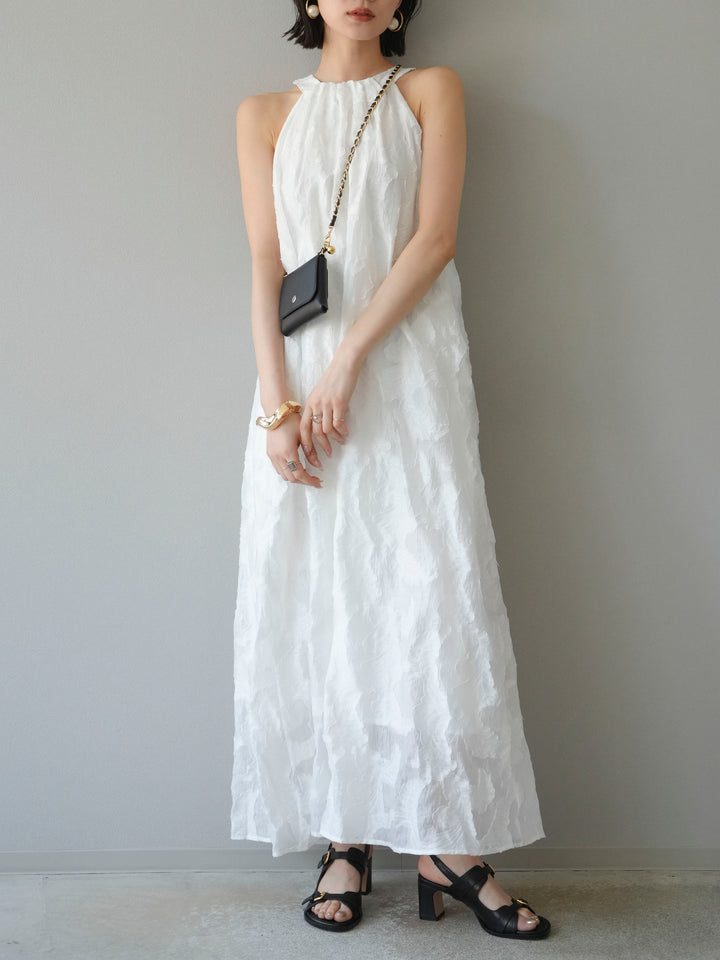 【預購】提花掛脖洋裝/白色