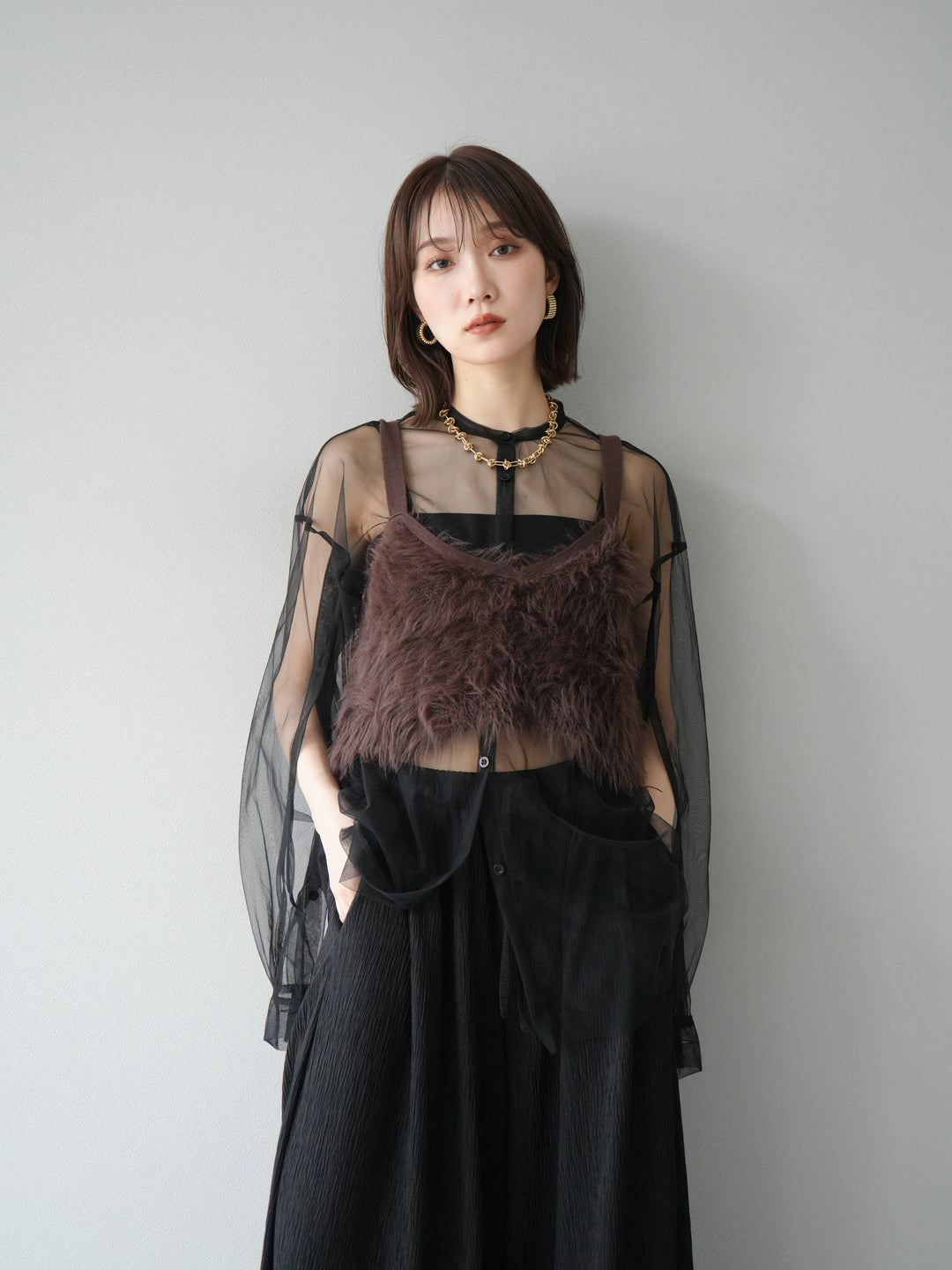 [予約]2WAYスリーブチュールシャツ/ブラック