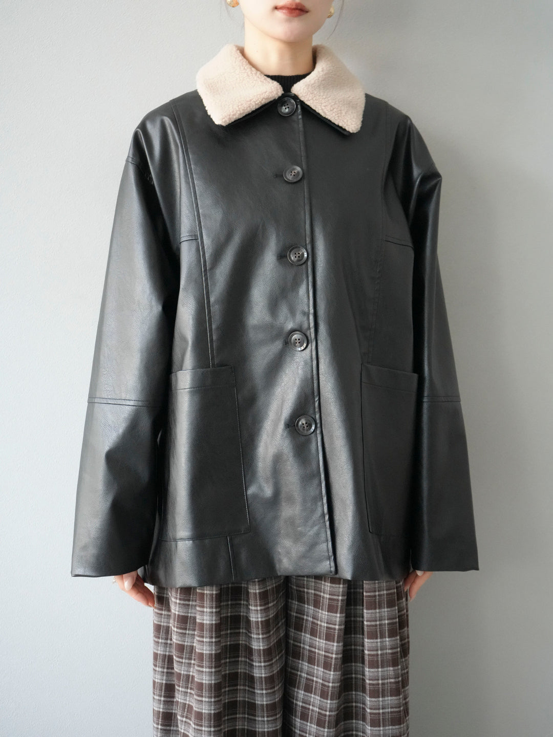 [予約]襟ボアレザーブルゾン/ブラック