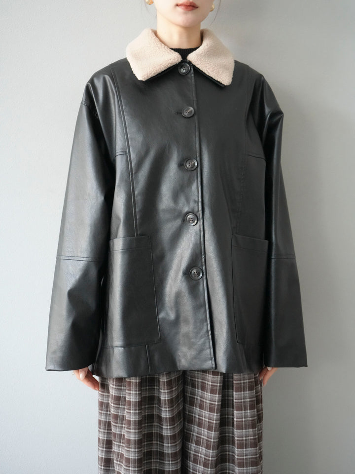 [予約]襟ボアレザーブルゾン/ブラック