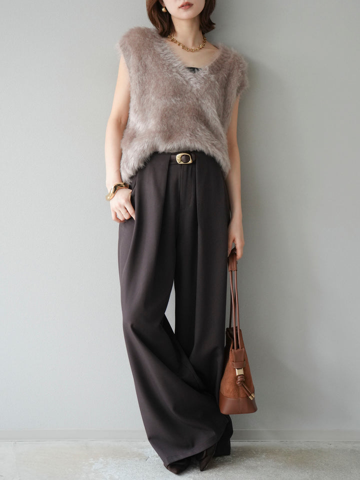 [SET]ラメシャギーVネックニットベスト+ベルトループデザインワイドパンツ(2set)