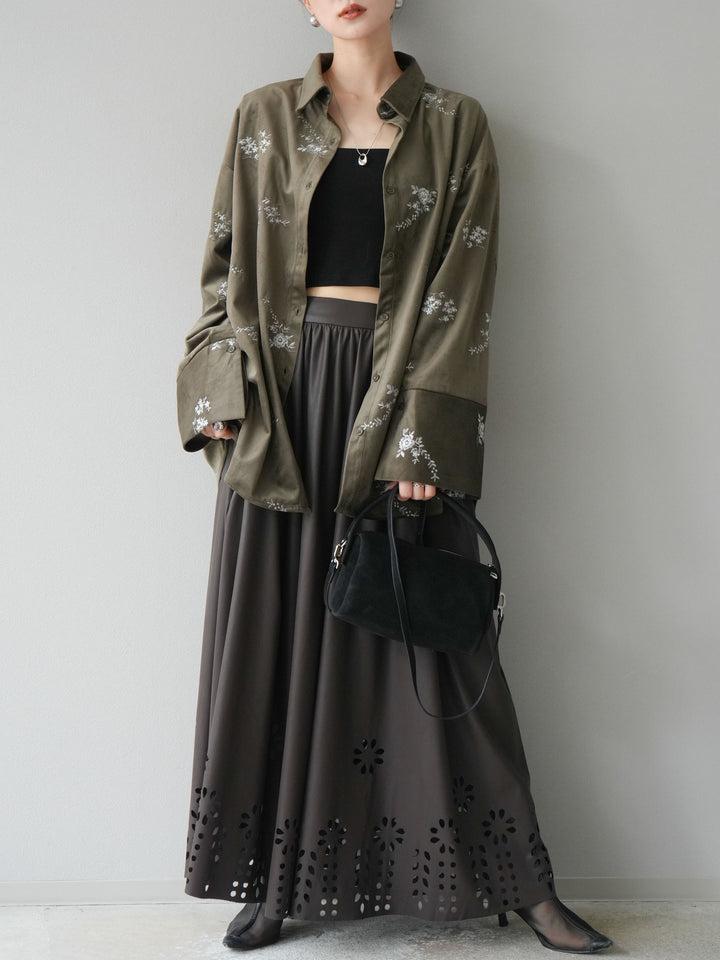 [予約]フラワーパンチングレザースカート/ブラウン