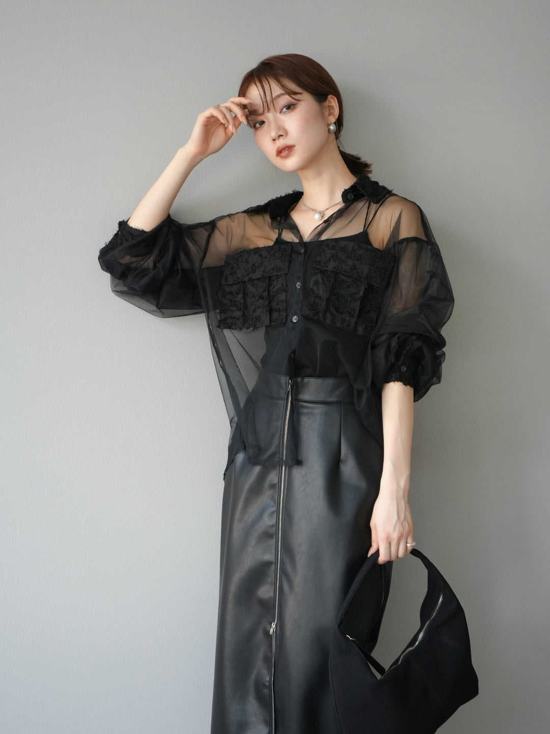 [予約]フリンジジャガード×チュールレイヤードシャツ/ブラック