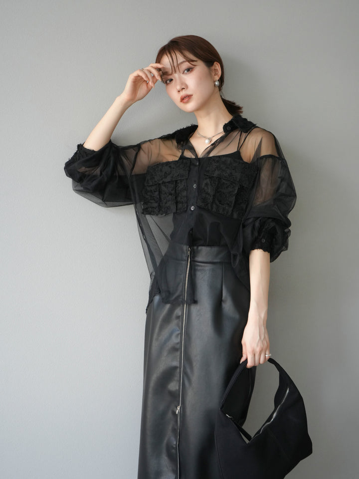 [予約]フリンジジャガード×チュールレイヤードシャツ/ブラック