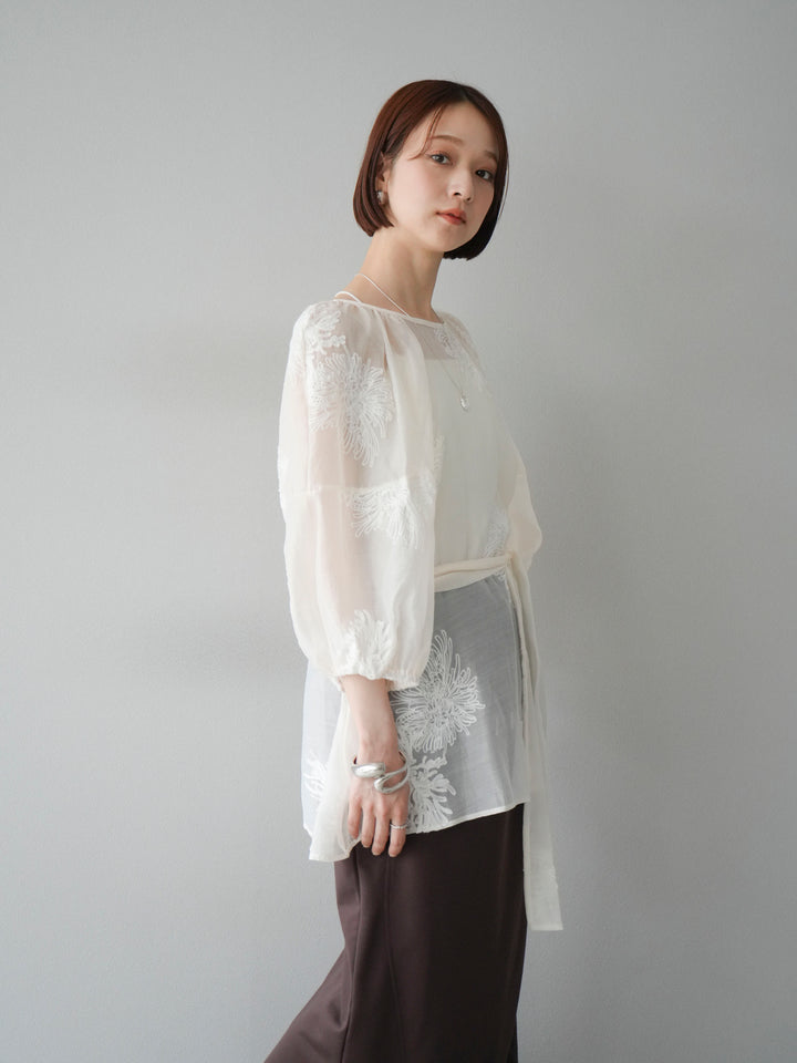 [SET]刺繍シアーバルーンスリーブブラウス+スウェットロングスカート(2set)