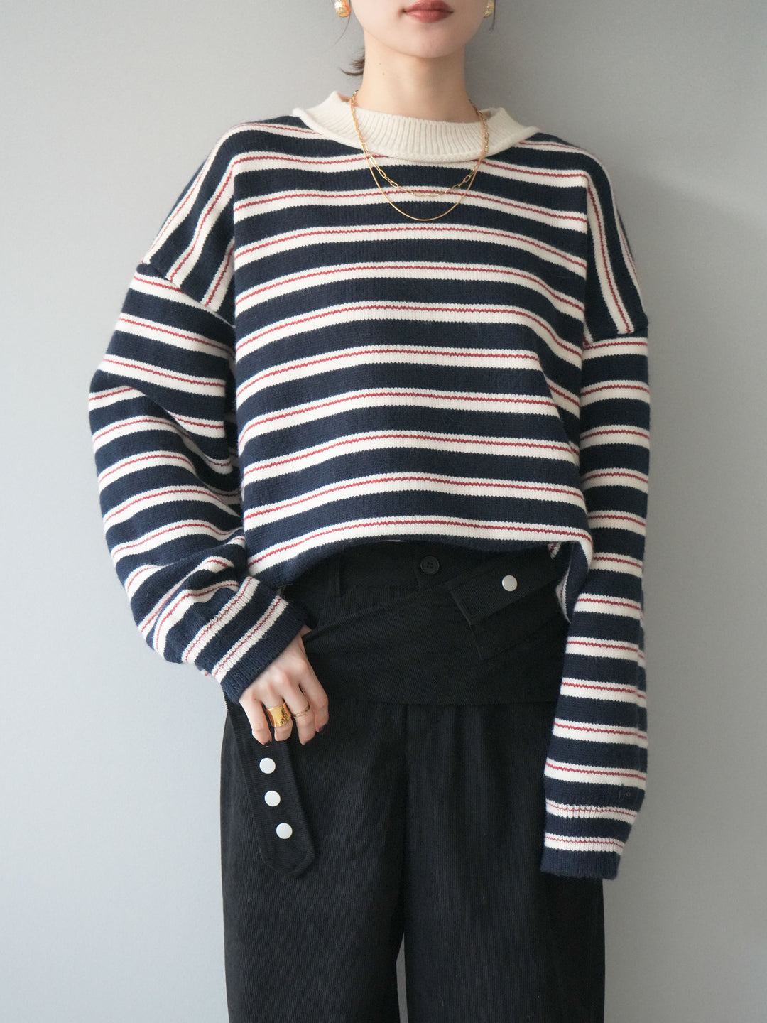 [予約]モックネックボーダーニットプルオーバー/navy