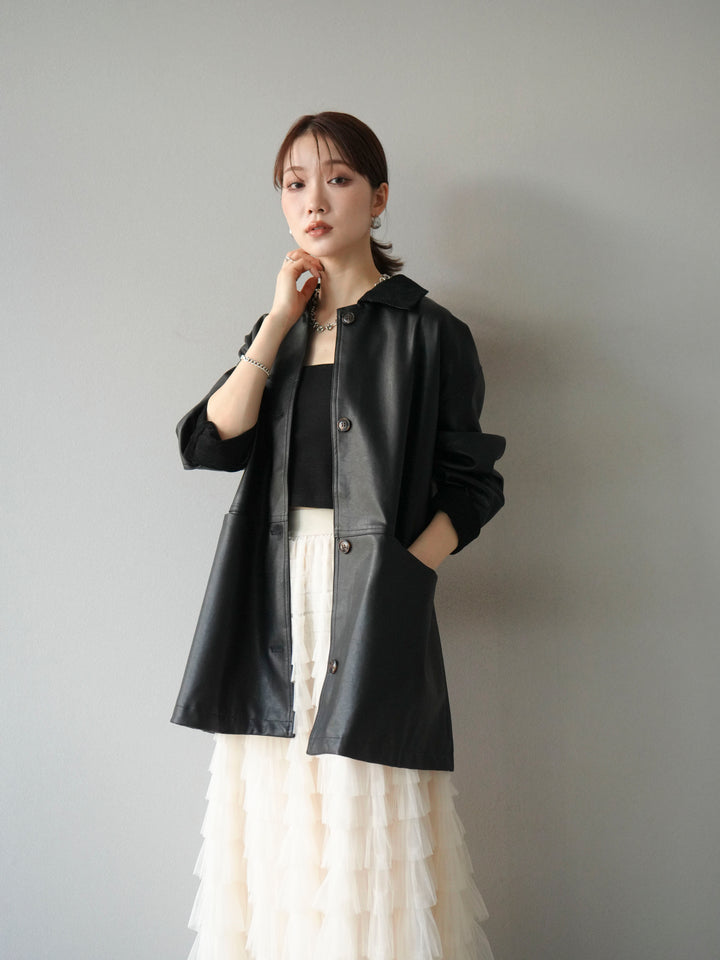 [予約]コーデュロイ襟レザーステンカラージャケット/ブラック