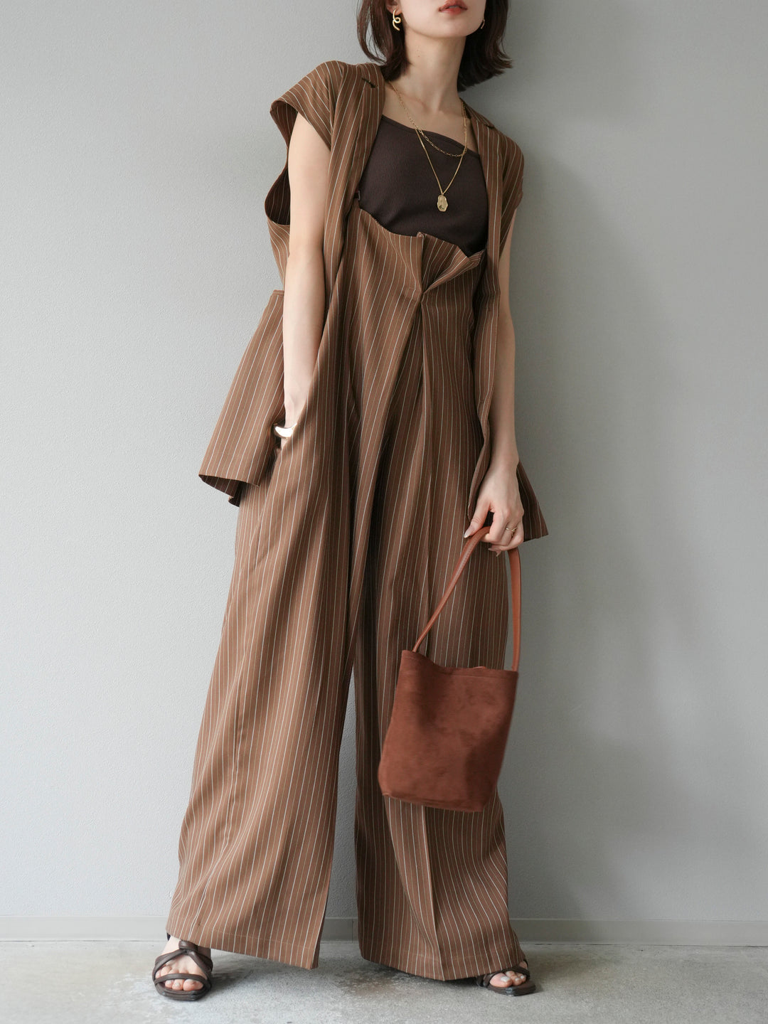 [SET]ヘリンボーンストライプジレ+ヘリンボーンストライプサロペット(2set)