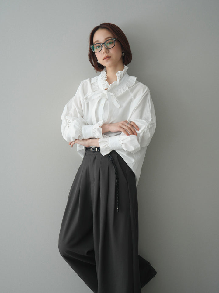 [SET]フリルネックギャザーブラウス+編み込みベルト付タックワイドパンツ(2set)