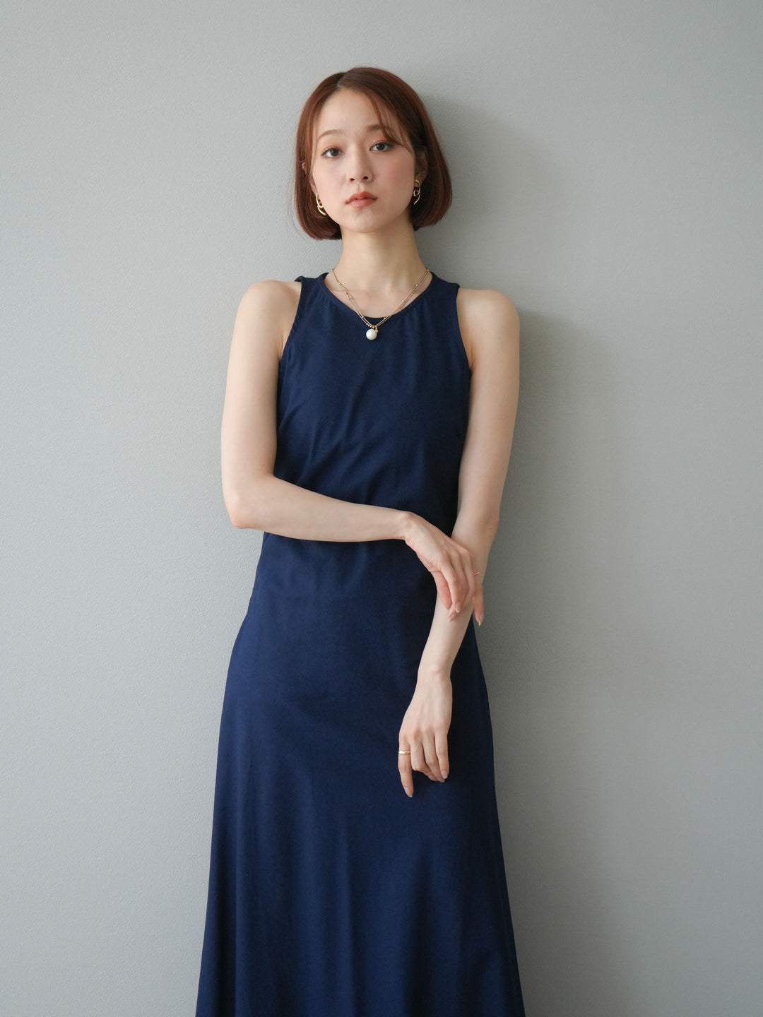[予約]リネンタッチノースリーブワンピース/ネイビー