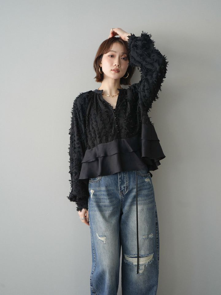 [SET]ジャガードぺプラムフリルブラウス+ダメージデニムセミワイドパンツ(2set)