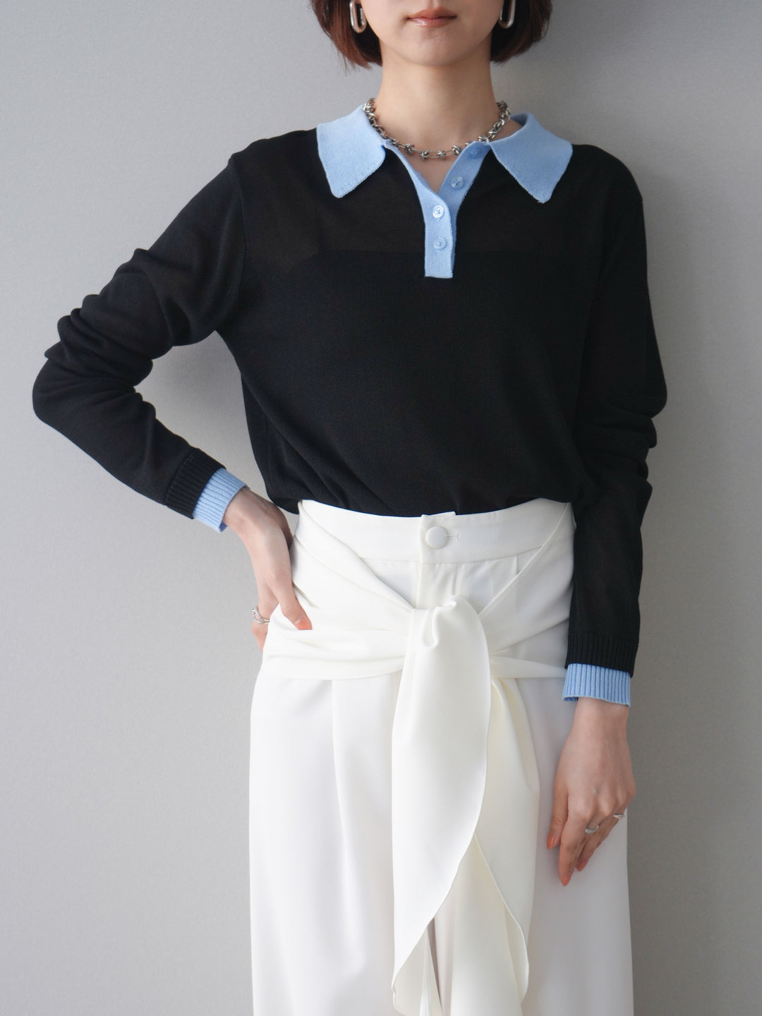 [SET]配色デザインシアーポロニット+ラッフルベルトワイドパンツ(2set)