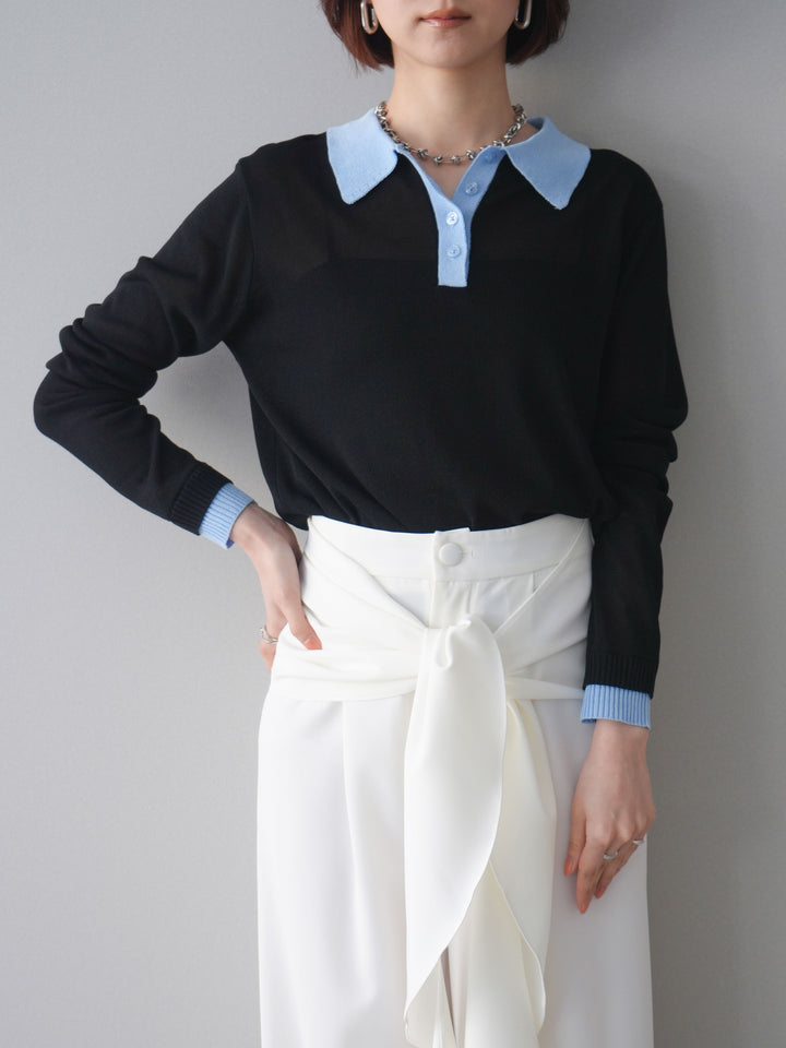 [SET]配色デザインシアーポロニット+ラッフルベルトワイドパンツ(2set)