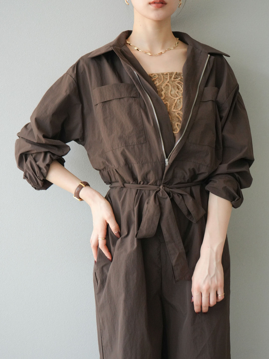 [予約]ナイロンジャンプスーツ/ブラウン