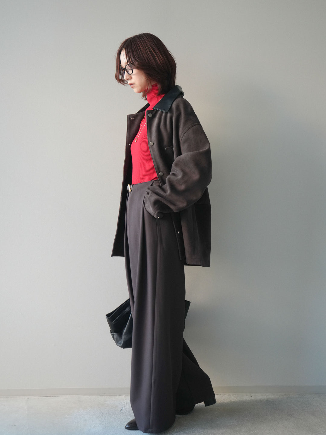 [SET]襟レザーステンカラースエードジャケット+袖ボタンボトルネックリブニットトップス+ベルトループデザインワイドパンツ(3set)