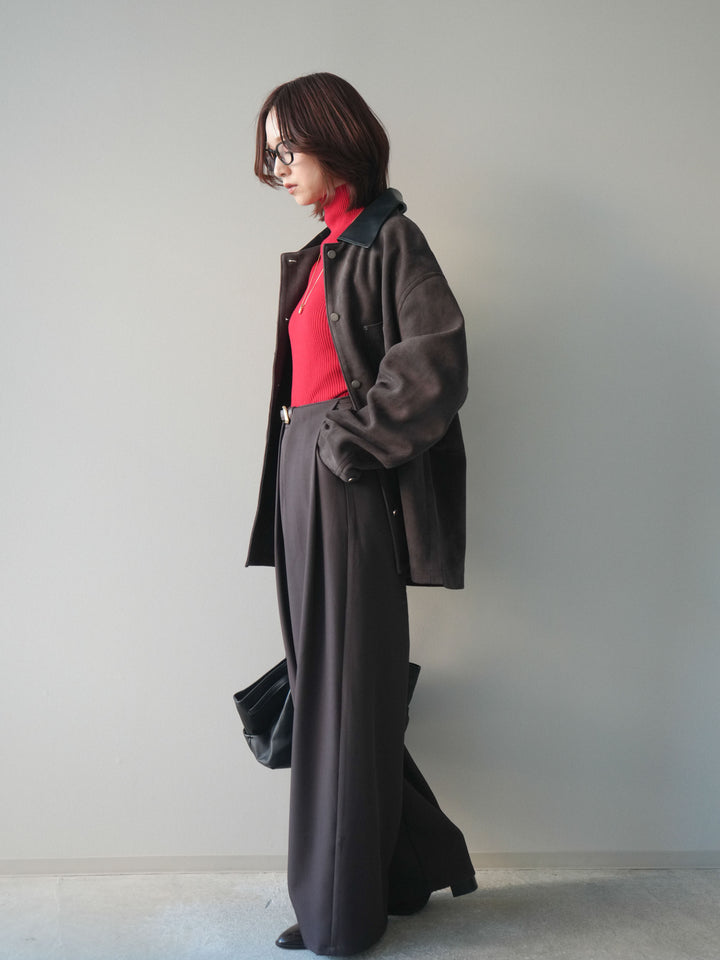 [SET]襟レザーステンカラースエードジャケット+袖ボタンボトルネックリブニットトップス+ベルトループデザインワイドパンツ(3set)