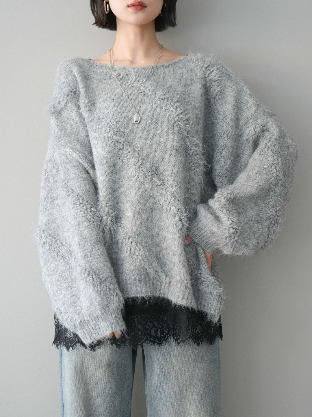 [予約]シャギーデザインニットプルオーバー/gray