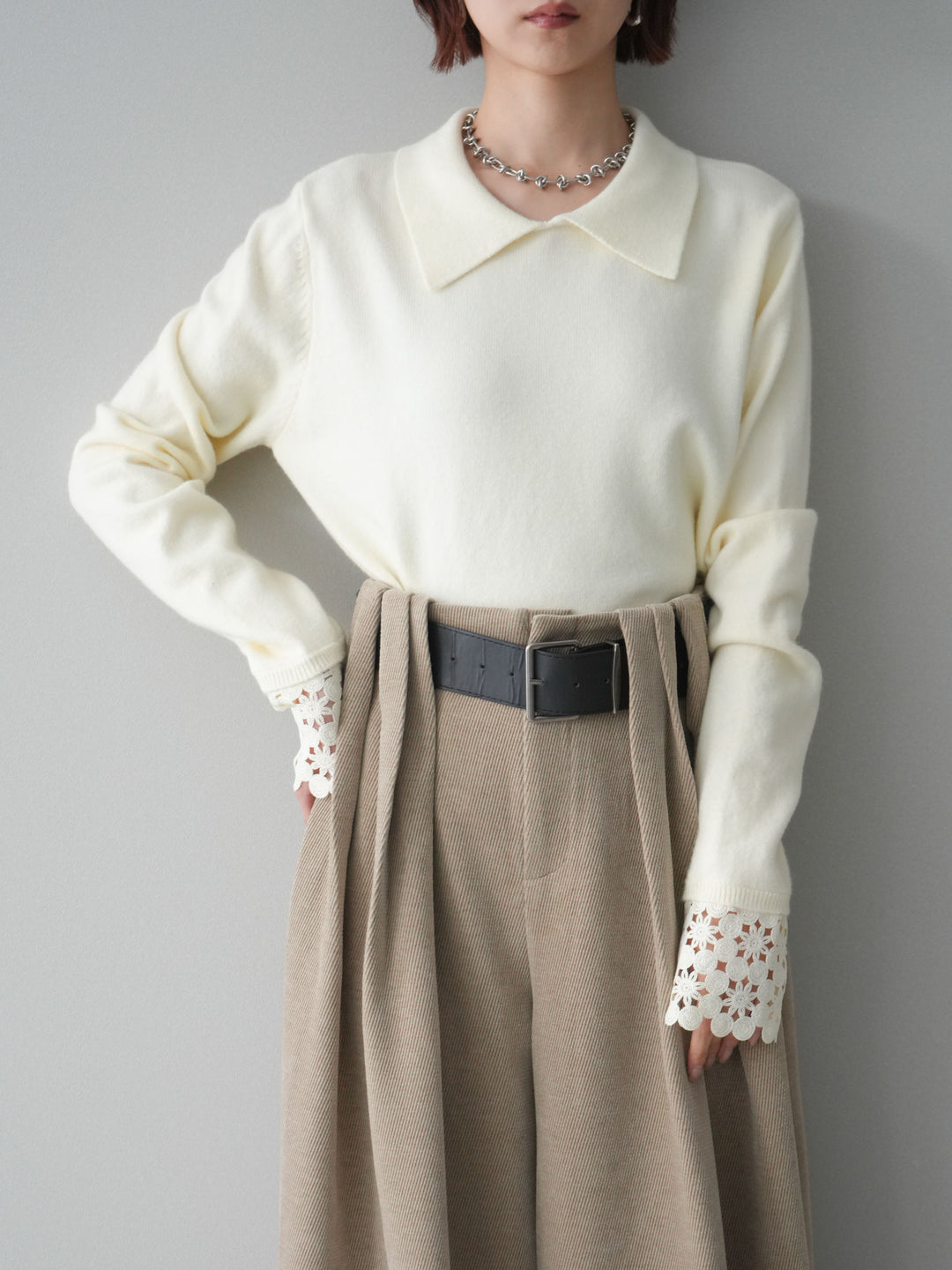 [SET]スカラップレース袖襟付きニットトップス+選べるアクセセット(2set)