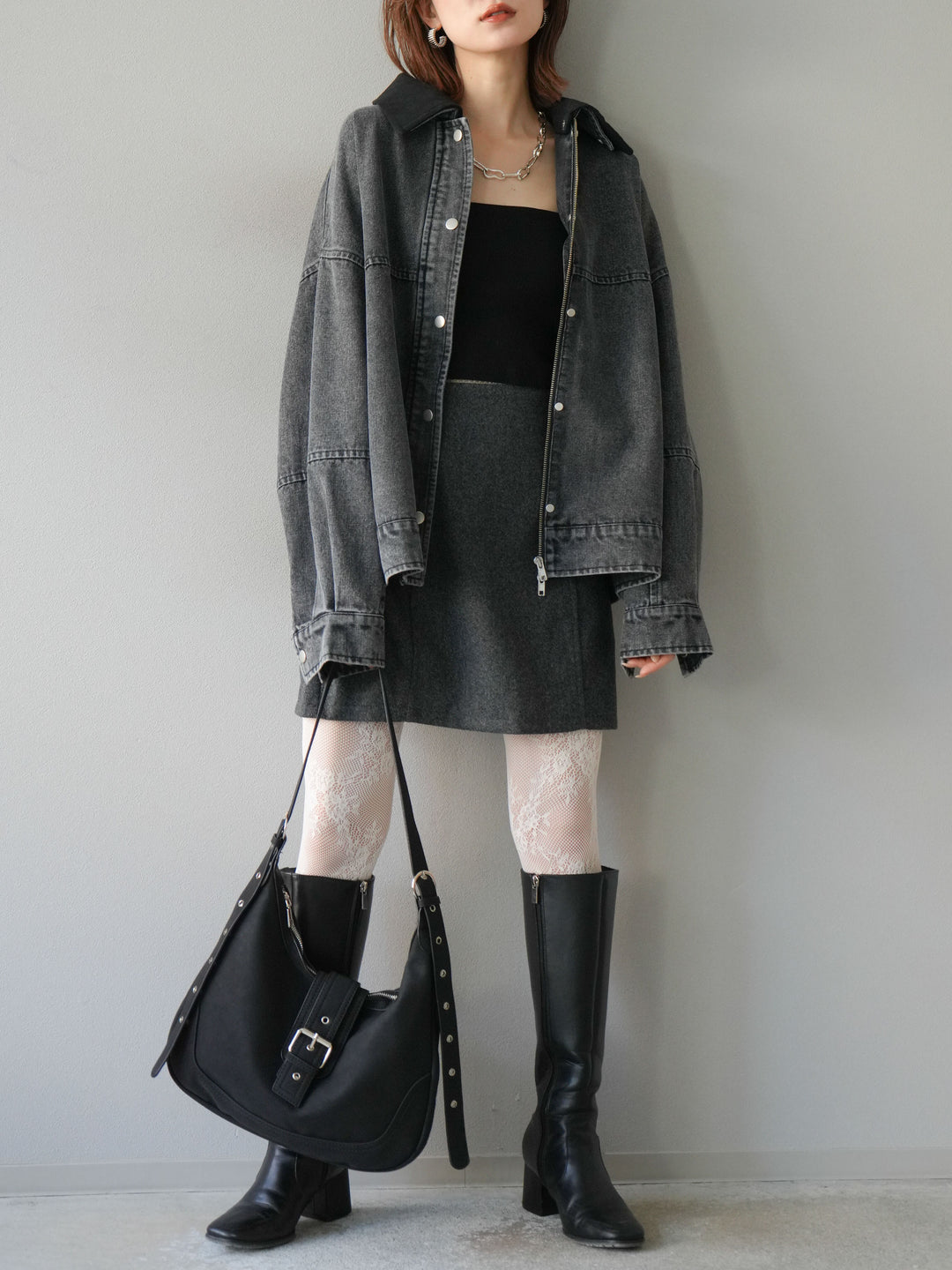 [予約]フェイクウールコクーンミニスカート/チャコール