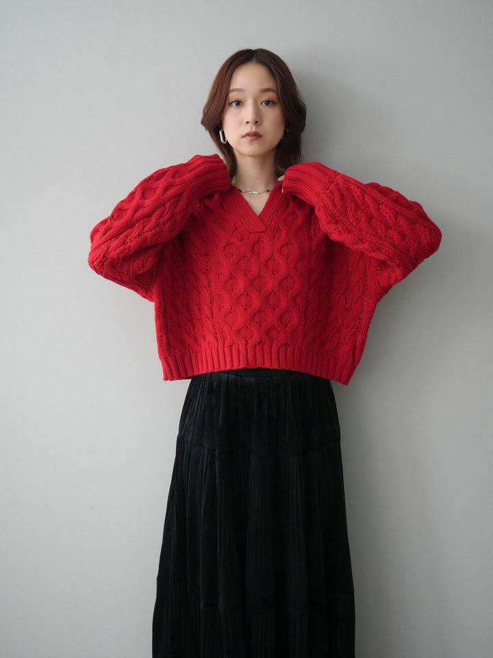 [SET]バルキーケーブルクロップド開襟プルオーバー+ベロアティアードワッシャースカート(2set)