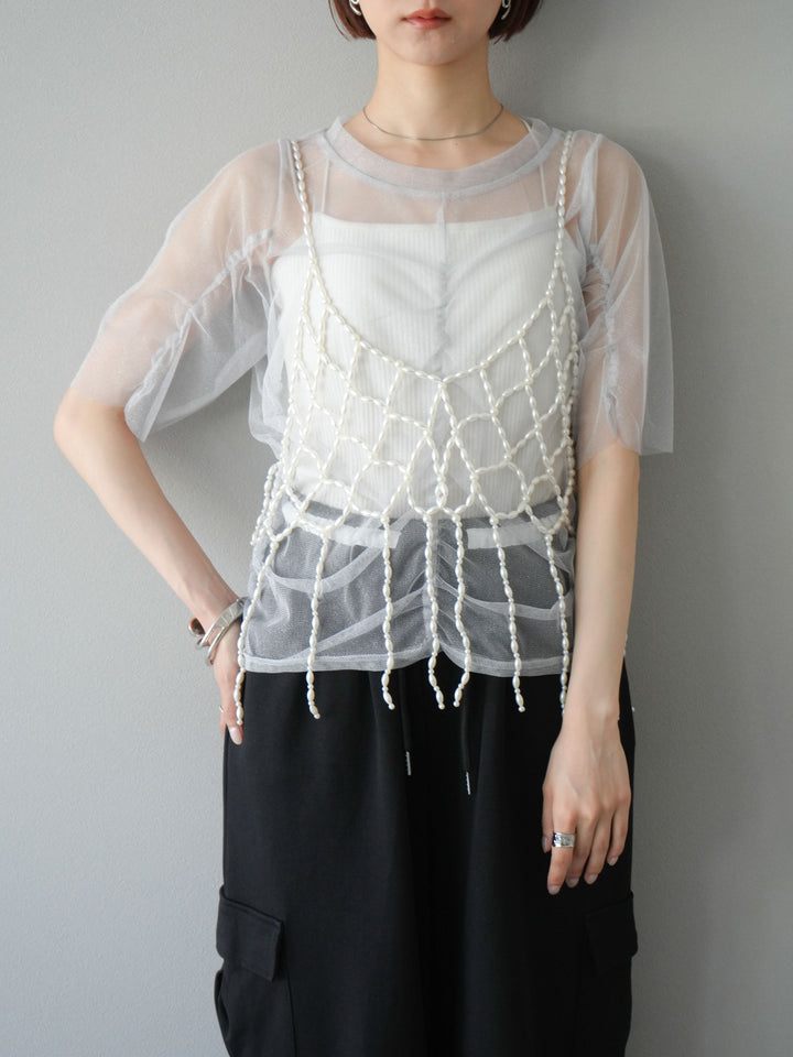 [SET]ラメチュールシャーリングプルオーバー+パールフリンジビスチェ+ウエストラインサイドポケットスウェットパンツ(3set)