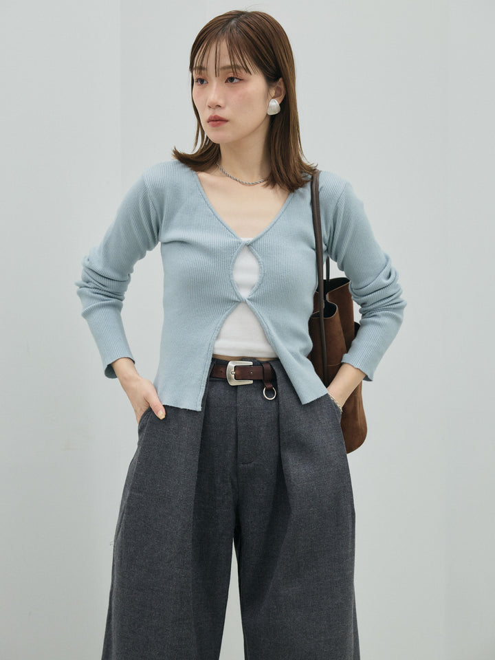 【Allure】[SET]フロントツイストホールリブニットトップス+ループデザインツイルワイドパンツ(2set)